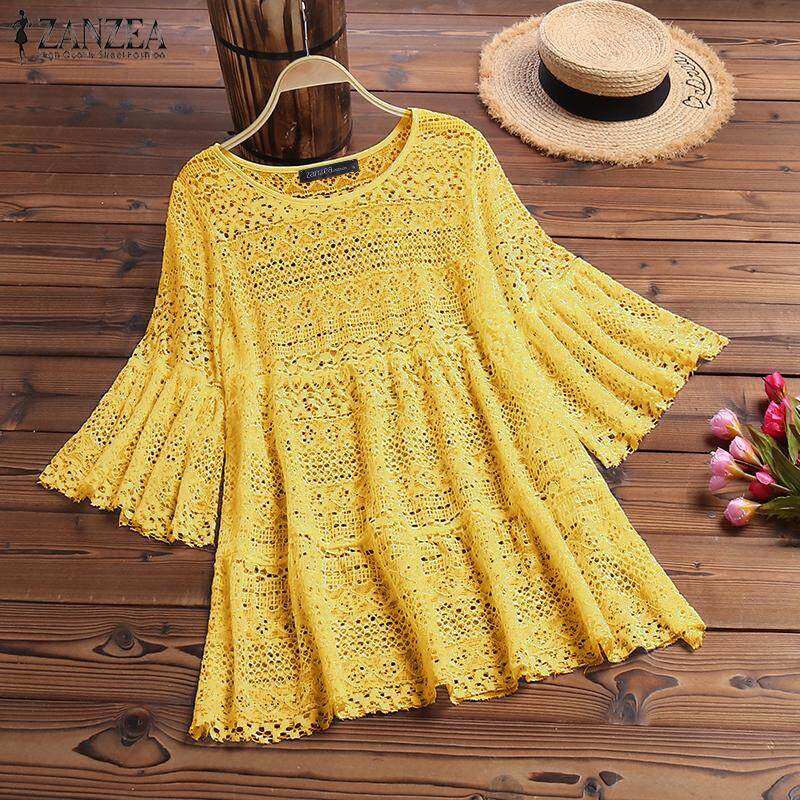 ZANZEA Women Bell Sleeve Shirt Tops Lace Detail Hollow Out Tops Loose Crochet Blouse